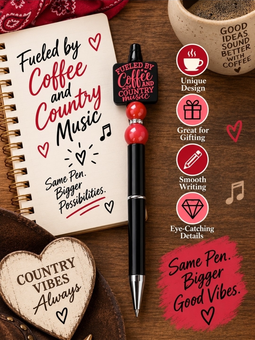 Fueled by Coffee and Country Music Black & Red/Pink Decorative Pen!!